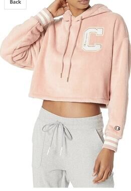 Champion Women's Faux-Fur Cropped Hoodie C Block Logo Pink L~NWT
